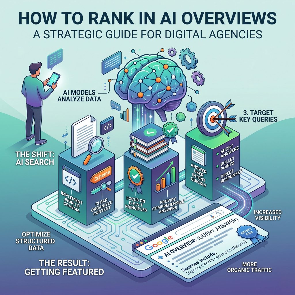 Infographic about ranking in AI overviews, featuring a large brain, gears, charts, and a person using a tablet to symbolize AI data analysis.