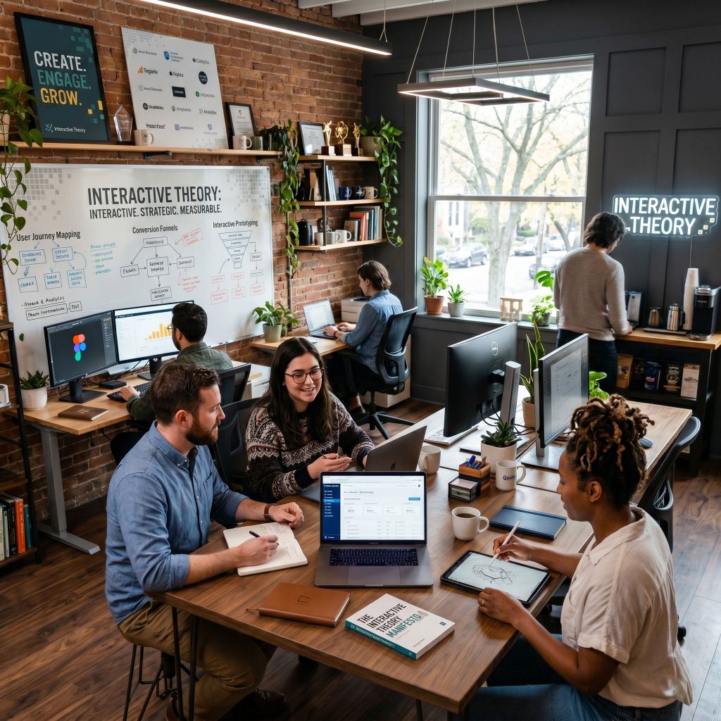 Team of coworkers working at a long wooden table in a brick-walled office with plants and laptops scattered around.