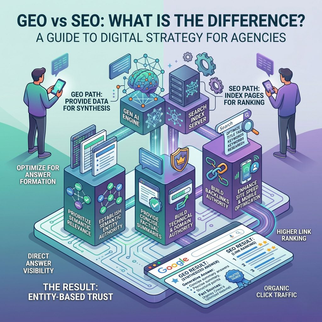 Infographic comparing GEO and SEO: a guide to digital strategy for agencies with icons, servers, and charts on a gradient background.