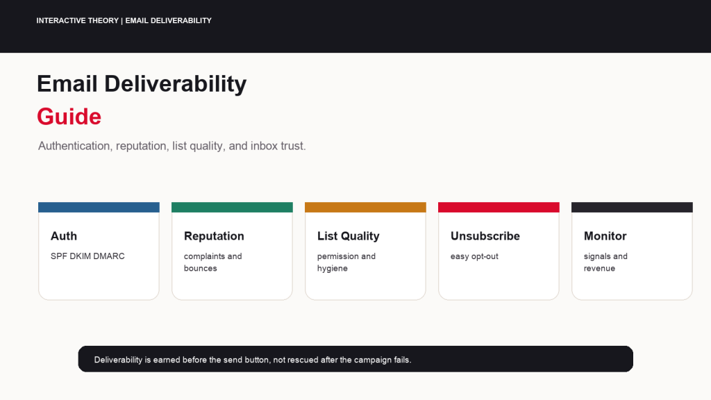 Featured email deliverability guide infographic showing authentication, reputation, list hygiene, unsubscribe handling, monitoring, and inbox placement.