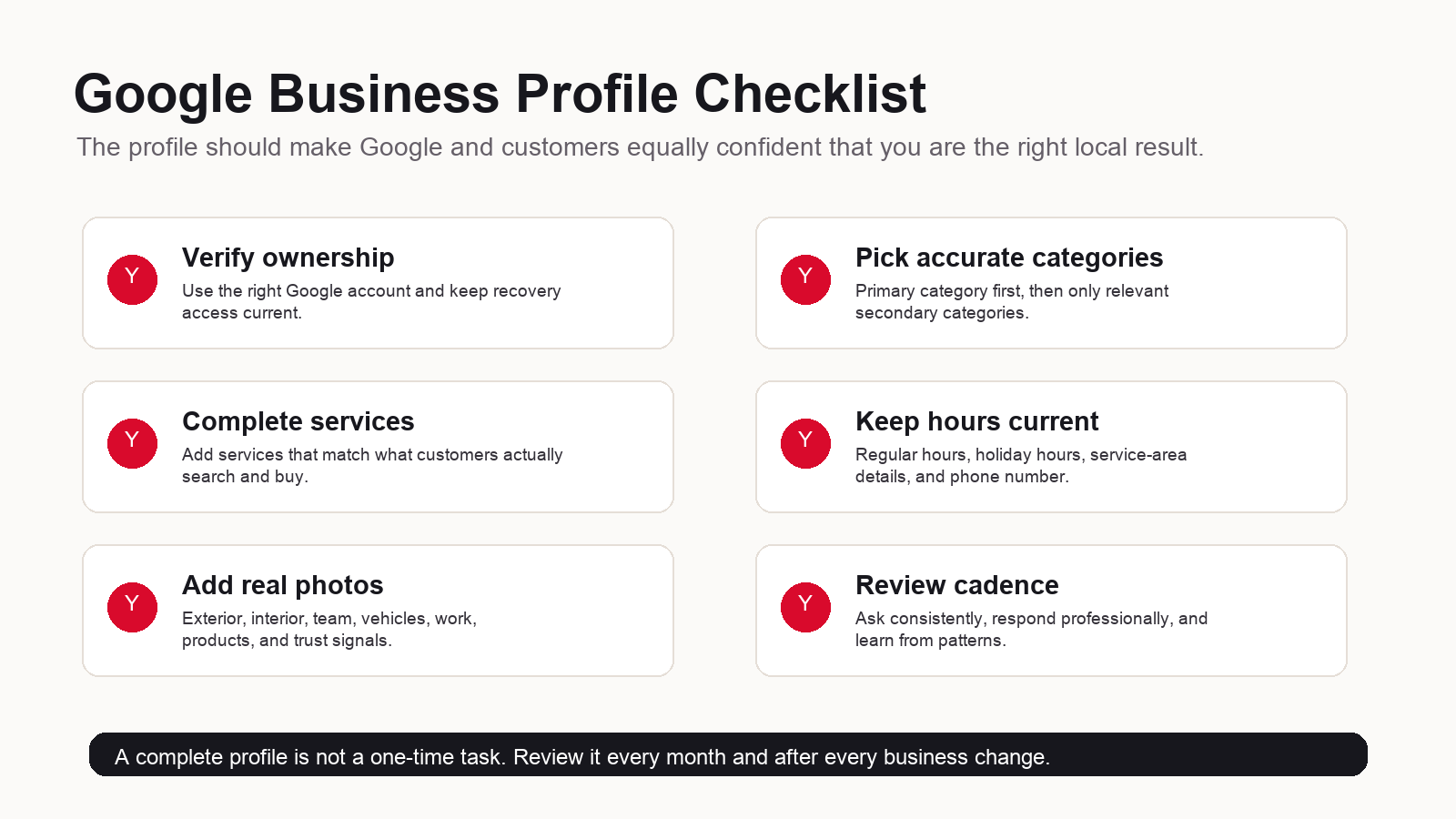 Google Business Profile checklist infographic covering verification, categories, services, hours, photos, and reviews.