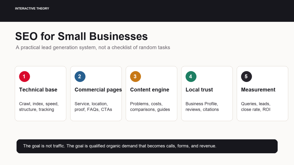 Five-step SEO plan for small businesses: Technical base, Commercial pages, Content engine, Local trust, Measurement (cards 1–5).
