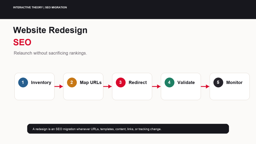 Featured website redesign SEO infographic showing rankings protected through URL inventory, content mapping, redirects, canonicals, internal links, sitemaps, tracking, and launch monitoring.