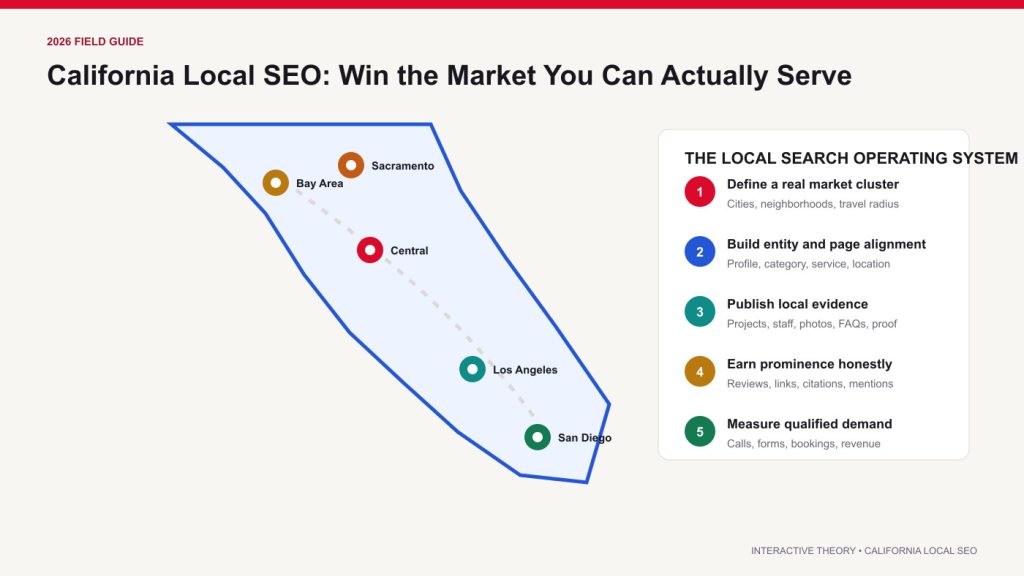 California local SEO strategy showing major market clusters and a five-step local search operating system for profiles, pages, proof, prominence, and lead measurement.