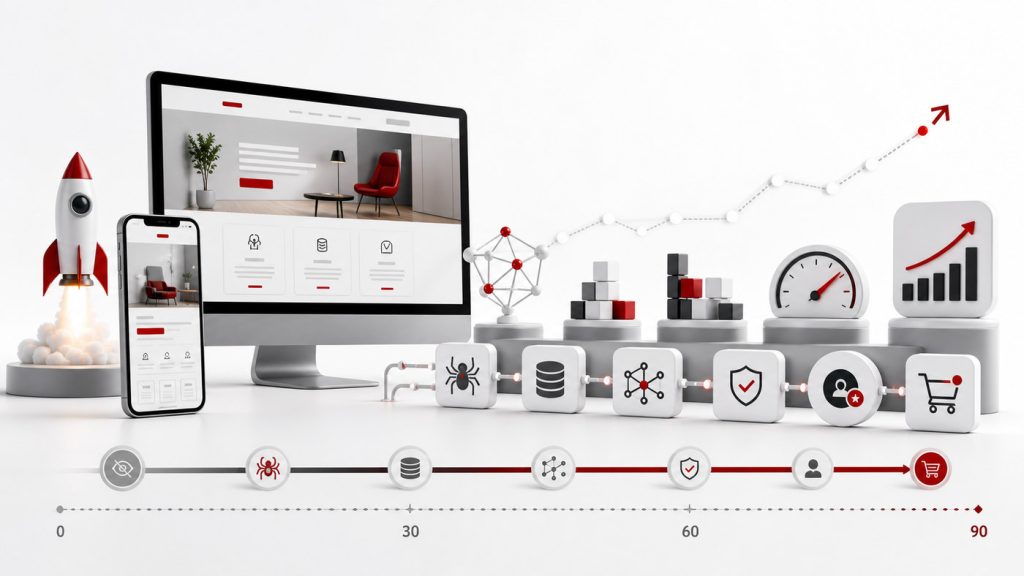New website SEO launch system progressing from technical discovery through indexing, trust, performance, and conversion during the first 90 days.