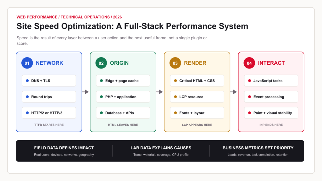 Full-stack site speed optimization system showing network, origin, browser rendering, and interaction layers from request to useful response.