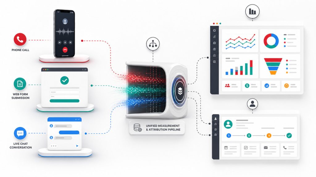 Phone call, website form submission, and live chat lead channels flowing through a unified measurement pipeline into analytics and CRM systems.