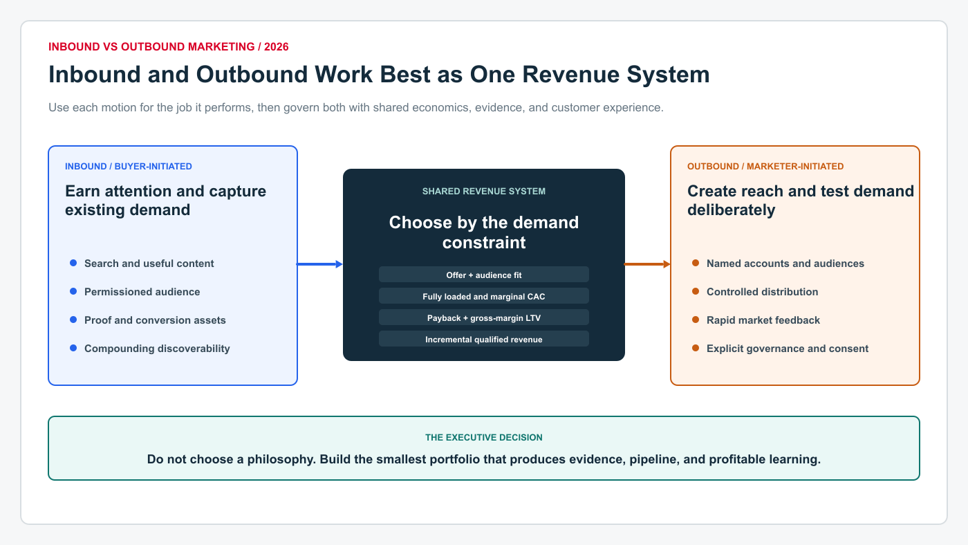 Integrated inbound and outbound marketing system connecting earned attention, controlled reach, buyer demand, conversion, qualified pipeline, and profitable customer growth.